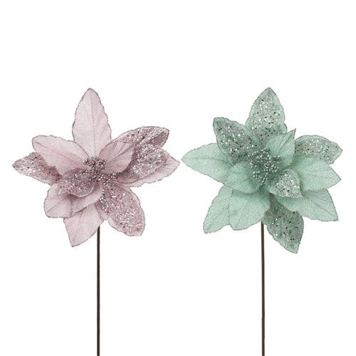 Sage & Dusty Pink Velour Poinsettia with Clip 30cm 2 assorted