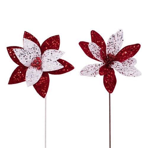 Red & White Poinsettia with Glitter Sequin Detail & 50cm Stem 32cm 2 assorted