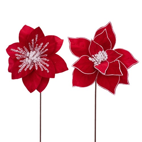 Red Velour with White Glitter Finish Magnolia & Poinsettia with 50cm Stem 2 assorted
