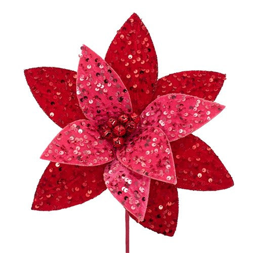 Red & Pink Sequin Poinsettia 30cm with 50cm Stem