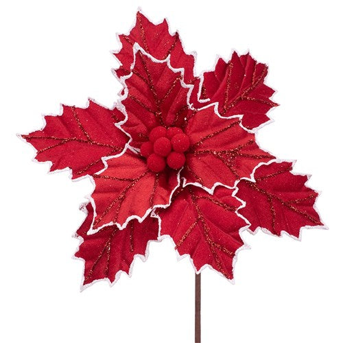 Red Velour 26cm with White Edging Poinsettia & 50cm Stem