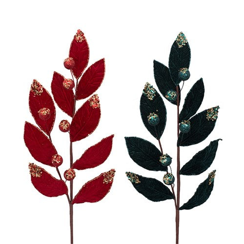 Red & Emerald Velvet Leaf Stem with Glitter Finish 68cm