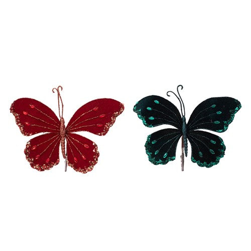 Red & Emerald Velvet Butterfly with Clip & Jewel Detail 21cm 2 assorted