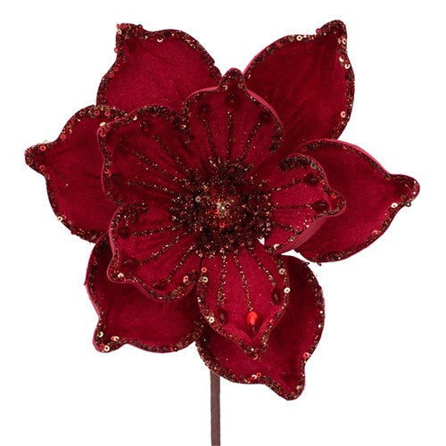 Red Velour Magnolia with Red Glitter Details & Clip 25cm