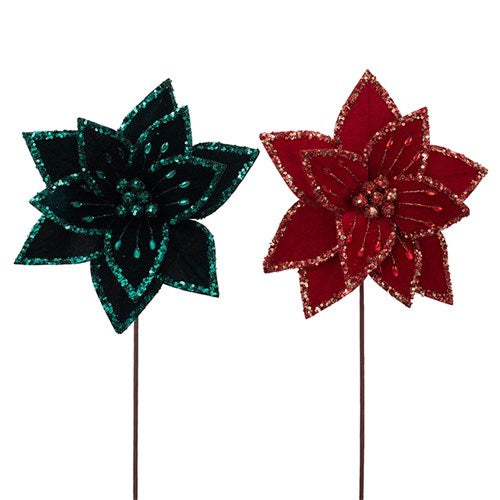 Red & Emerald Poinsettia with Glitter Detail & Clip 31cm 2 assorted