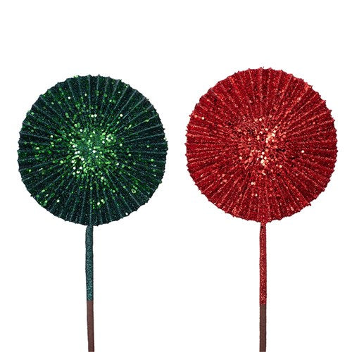 Emerald Green & Red Glitter Fan Stem with 51cm Stem 16cm 2 assorted