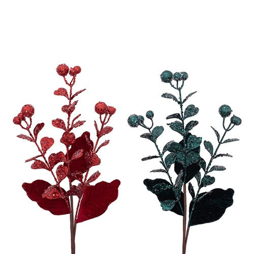 Emerald Green & Red Glitter Flower Stem 57cm 2 assorted
