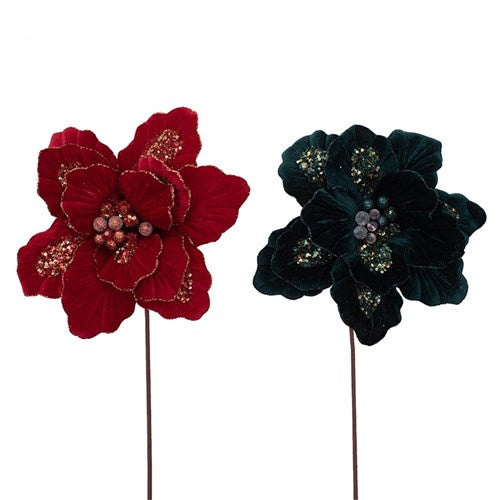 Emerald Green & Red Velvet Magnolia with Beading & Clip 30cm 2 assorted