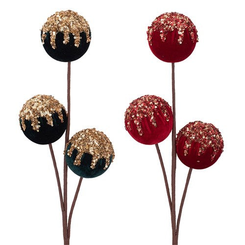 Emerald Green & Red Velvet 3P X 7cm Balls Stem 68cm 2 assorted