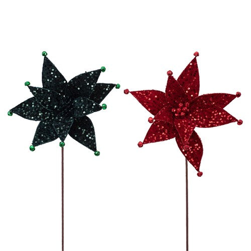 Green & Red Sequin Poinsettia with Bells On Tips & 50cm Stem 32cm Emerald2 assorted