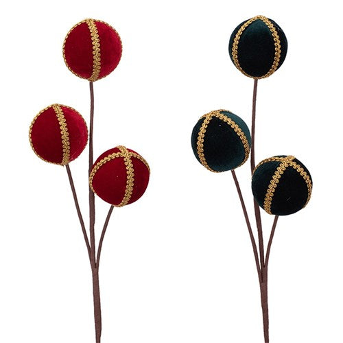 Stem Emerald Green & Red Velvet 3P X 7cm Balls with Gold Detail 65cm 2 assorted