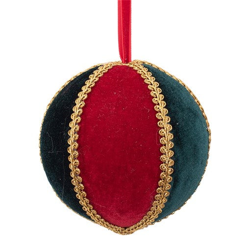 Harlequin Ball 13cm Emerald Green & Red Velvet with Gold Trim