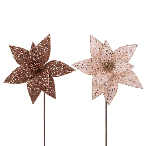 Copper & Champagne Sequin Poinsettia with 50cm Stem 30cm 2 assorted