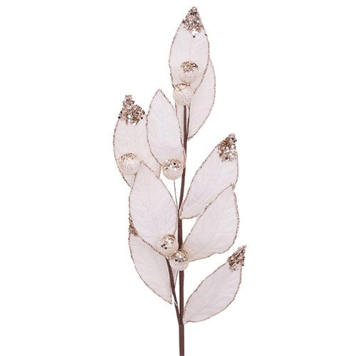 White Velour Leaf Stem with Champagne Glitter 67cm
