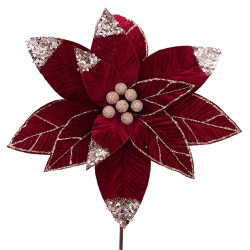Burgundy Velvet Poinsettia 31cm with Rosegold Details & 50cm Stem