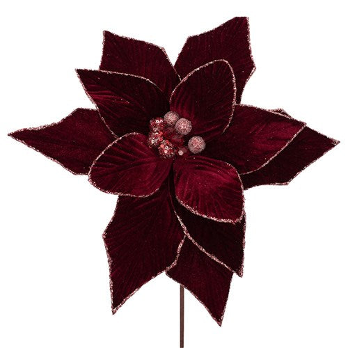 Burgundy Velvet Poinsettia 32cm with Rosegold Details & 50cm Stem