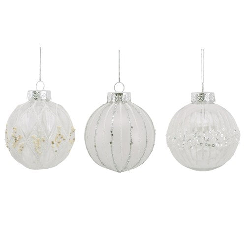 Bauble 8cm Clear & Opaque with White & Silver Details 3 assorted