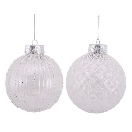 Bauble 15cm Clear with White Handpainted Glitter Detail In Pvc Box 2 assorted