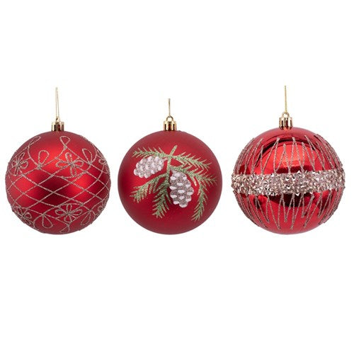 Bauble 10cm Red with Champagne Details 3 assorted