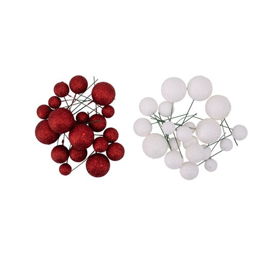 Glitter Ball Picks 4cm, 3cm, 2.5cm, 2cm Red & White 20pc 2 assorted