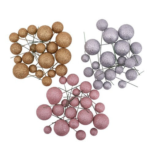 Glitter Ball Picks 4cm, 3cm, 2.5cm, 2cm Gold, Silver, Rose Gold 20Pc 3 assorted