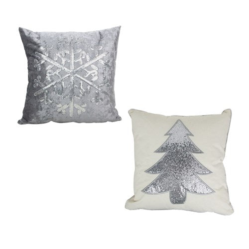 Velour Christmas Cushion Ivory with Silver Tree Grey with Silver Snowflake 45cm 2 assorted