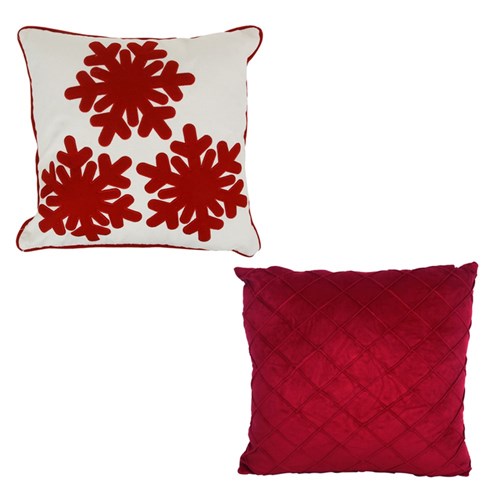 Red Christmas Cushion Ivory with Red Snowflakes Red Velour with Pin Tuck 45cm 2 assorted