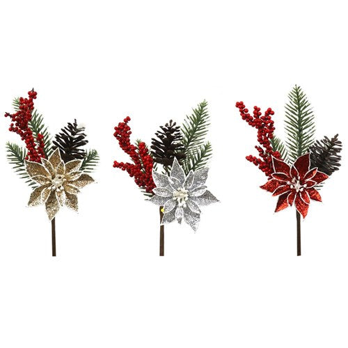 Poinsettia Pick Red, Silver, Champagne 21cm 3 assorted