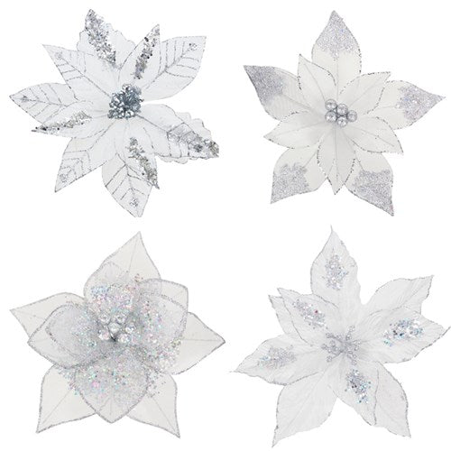 White & Silver Poinsettia with Clip 4 assorted 29cm