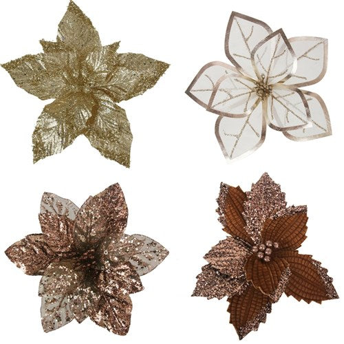 Poinsettias 28cm 2x Taupe, 1x Ivory, 1x Champagne with Clip 4 assorted