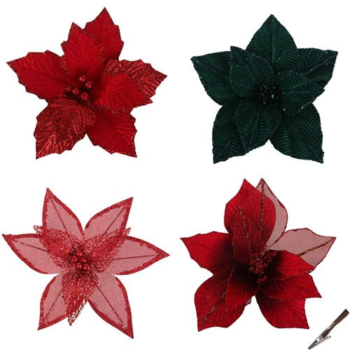 Poinsettias 27cm 3x Red & 1x Emerald with Clip 4 assorted