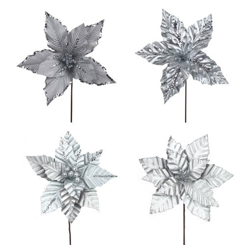 Silver/Grey Poinsettia 30cm Flower with 30cm Stem 4 assorted