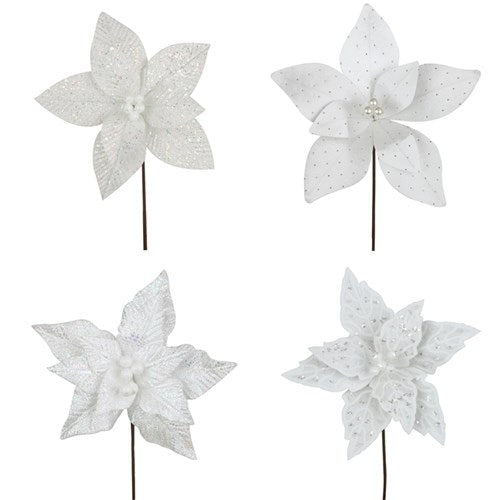 White Poinsettia 26cm Flower with 30cm Stem 4 assorted