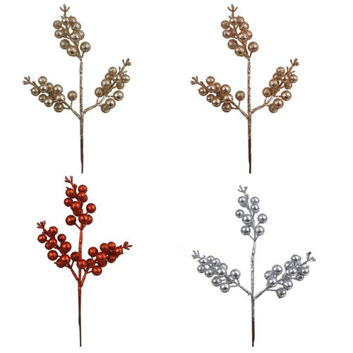 Glitter Berry Picks 31cm Champagne, Rosegold, Silver, Red 4 assorted