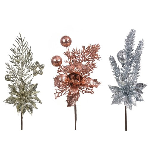 Champagne, Rose Gold, Silver Glitter Floral Pick25cm 3 assorted