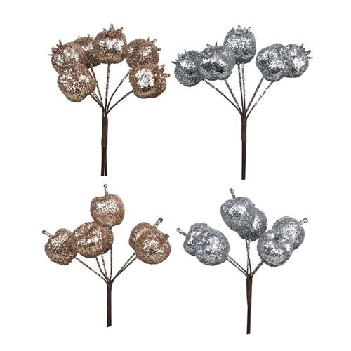 Glitter Apples & Pomegranate Silver & Champagne 4 assorted 12cm