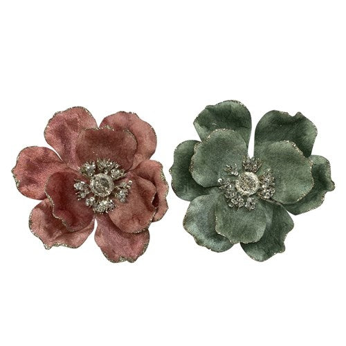 Blush Pink & Sage Velvet Magnolia with Platinum Details 14cm 2 assorted