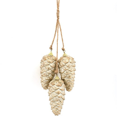 3 Hanging Champagne Pinecones 43cm