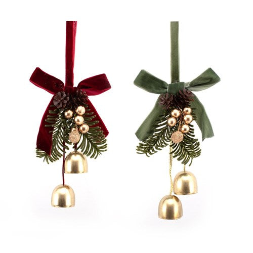 Hanging Bells with Burgundy & Sage Velour Ribbon 2 assorted