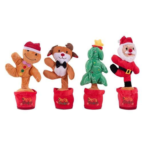 Musical Christmas Characters In Pot 4 assorted 33cm