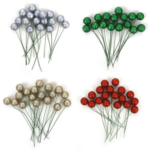 Glitter Ball Pick Red, Green, Champagne, Silver 4 assorted 18Pcs 1.5cm