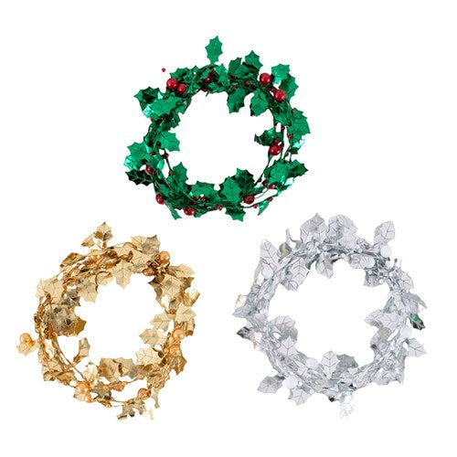 Tinsel Holly Leaf Garland 1.2m Gold, Silver, Green 3 assorted