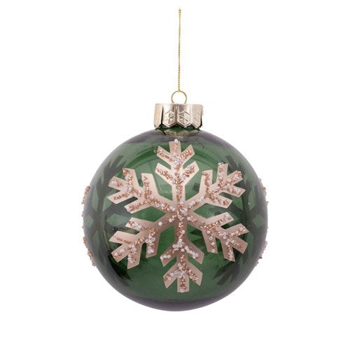 Bauble Green Shatterproof with Handpainted Champagne Snowflake 13cm