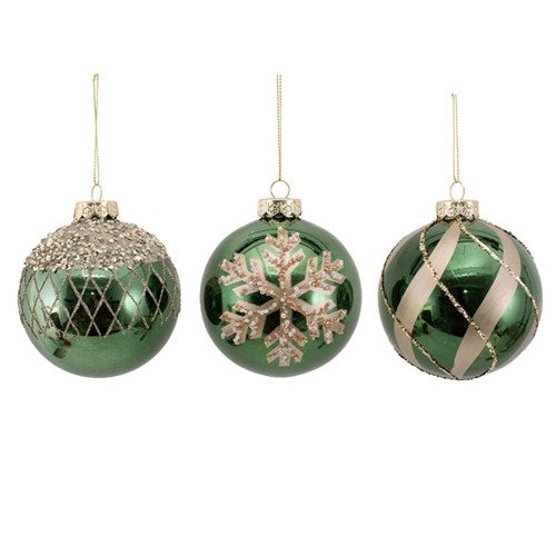 Baubles 10cm Green Shatterproof with Champagne Glitter Details 3 assorted
