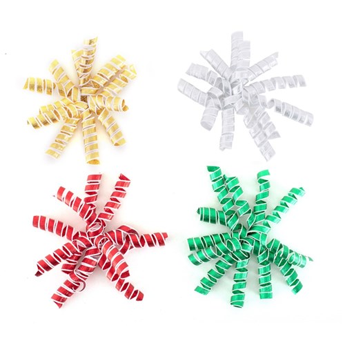 Bow Ribbon Curly Gold, Silver, Red, Green 4 assorted