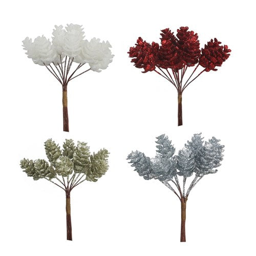 Glitter Pinecone Bunch Red, Gold, Silver, White 4 assorted 11cm