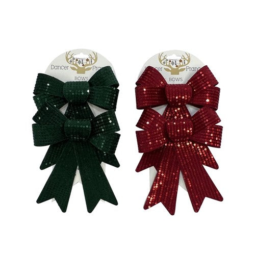 Bow Red & Emerald Sequin 2Pc 15X17cm
