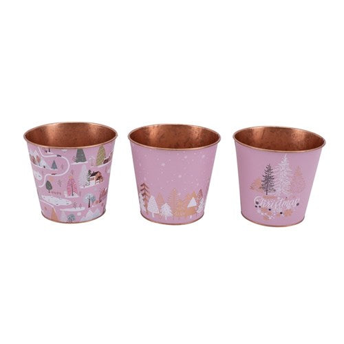 Pink with Rose Gold Metal Buckets 15.5X14cm 3 assorted