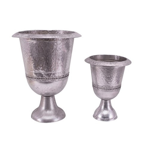 S2 Antique Silver Metal Footed Planter D39Xh50cm D27Xh34cm