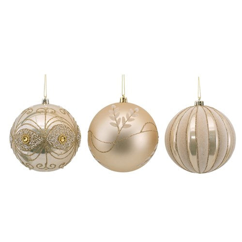 Baubles 12cm Champagne with Champagne Details 3 assorted